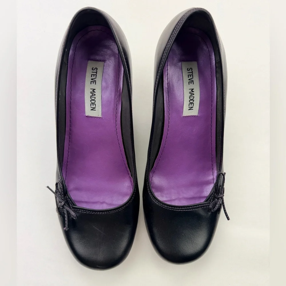 Steve Madden Volit Black Leather Kitten Heel Pumps Bow Detail Size 8B - Picture 3 of 10